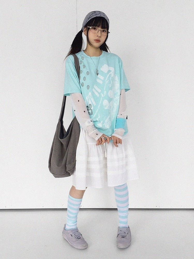 Mint Green Crew Neck Tee with Distressed Print - innomoood - image 3