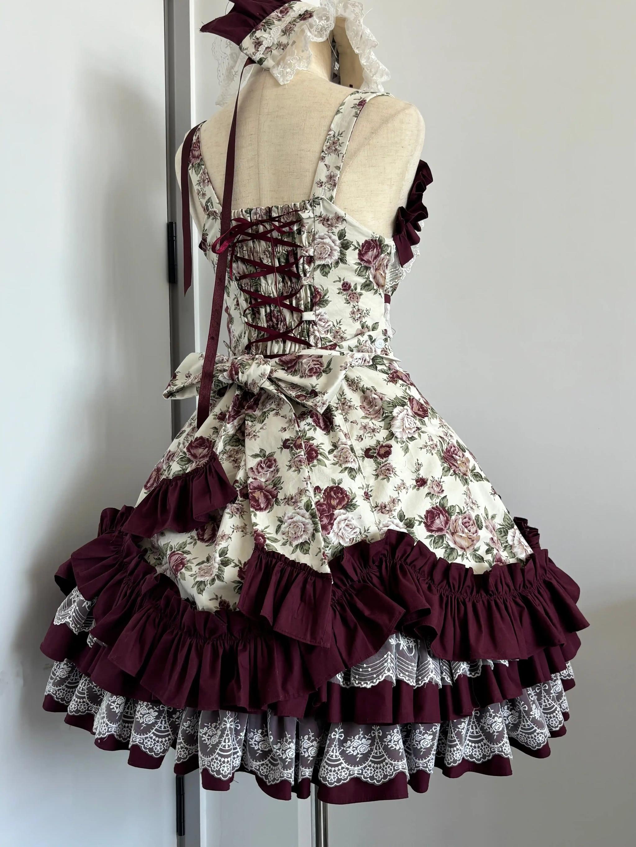 Burgundy Rose - Floral Printed Old School Lolita JSK, Elegant Cape and Accessories - image 15