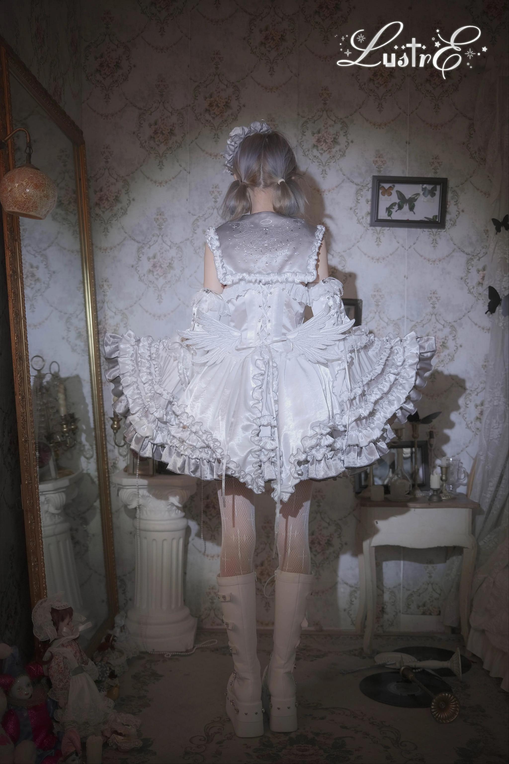 Metallic Angel - Silver-white Punk Lolita JSK, Wing and Rhinestone Details - image 2