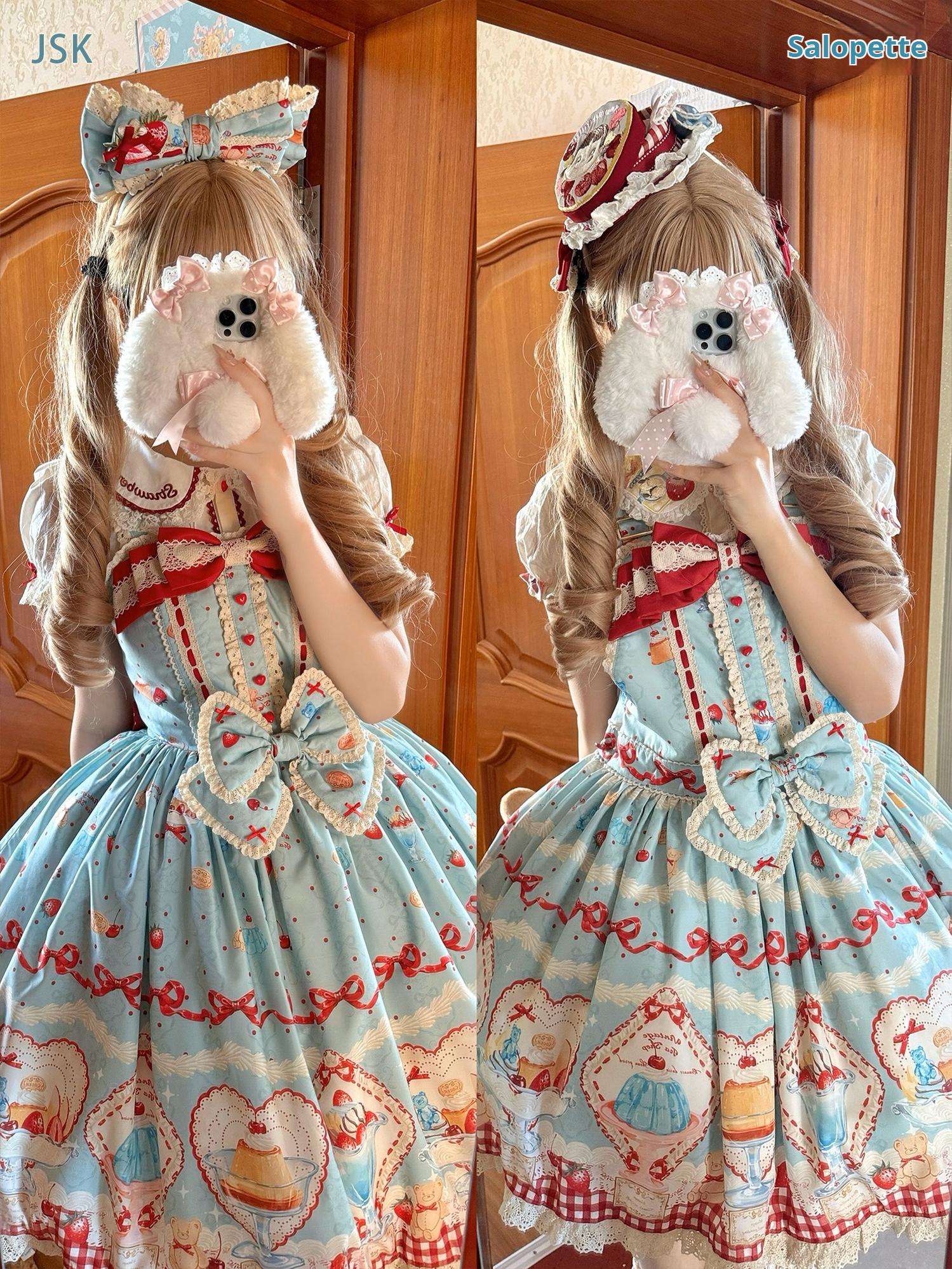 Showa Dessert Showcase - Kawaii Lolita JSK/Salopette Dress Suit, Pudding-Inspired - image 19