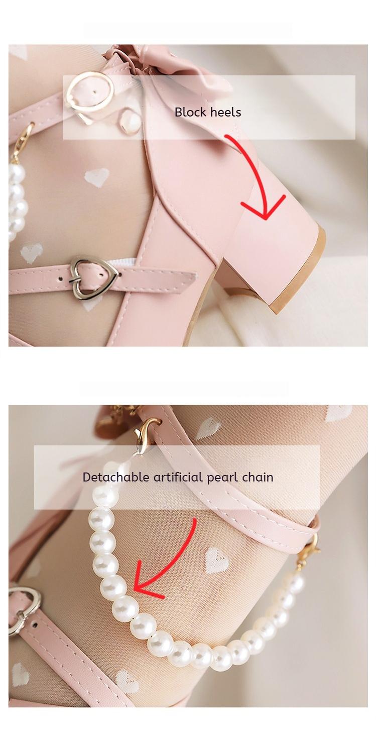 Round Toe Sweet Lolita Shoes, Detachable Pearl Chain - image 5