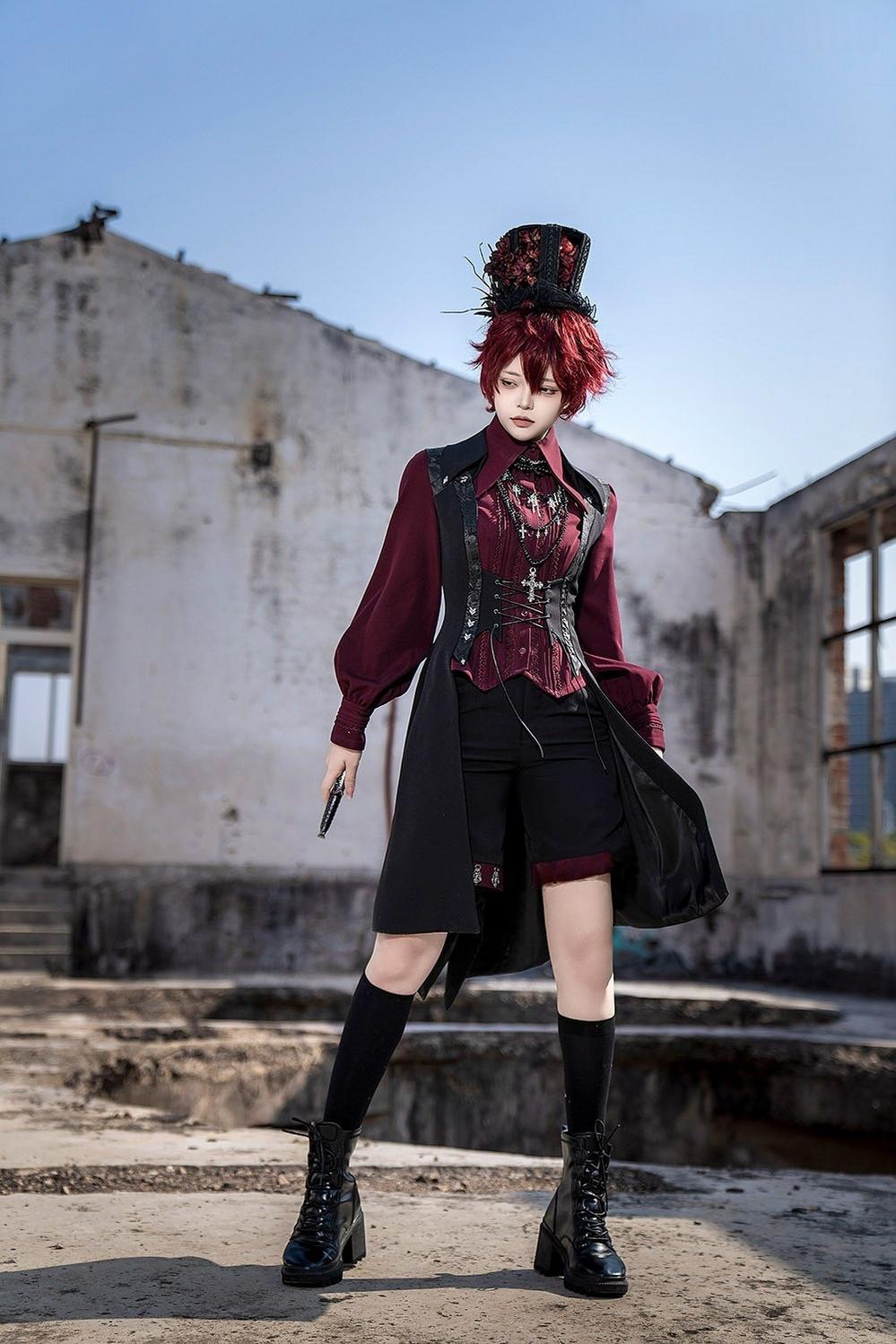 Red and Black 4.0 - Ouji Lolita Long Vest & Red Blouse - image 4