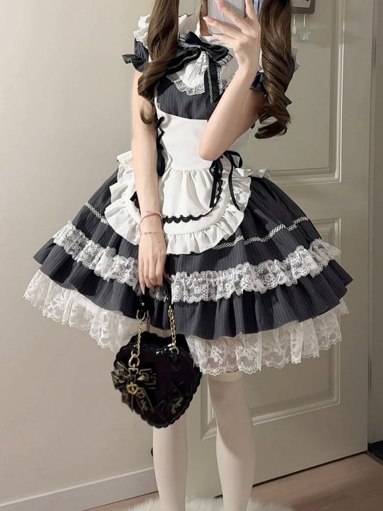 Gray Striped Lace OP Dress with Apron - image 7