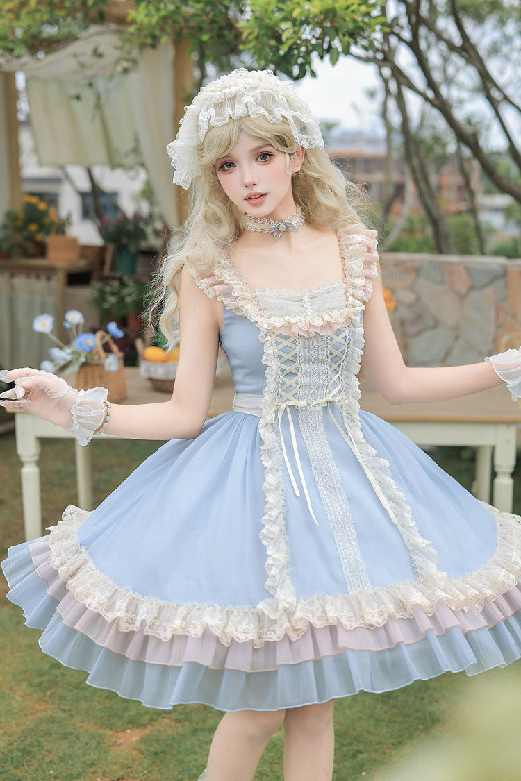 Island Diary - Square Collar Flutter Sleeves Triple-Layered Ruffled Lace-Up Sweet Lolita JSK Dress 2 Versions - image 10