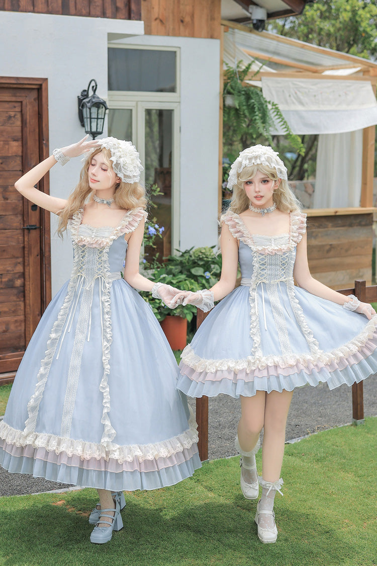 Island Diary - Square Collar Flutter Sleeves Triple-Layered Ruffled Lace-Up Sweet Lolita JSK Dress 2 Versions - image 3