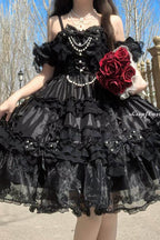 Spring Cherry Snowfall - Off Shoulder Short Sleeves Multi-Layered Ruffled Bow Gothic Lolita JSK Dress - image 2