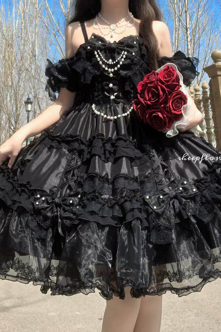 Spring Cherry Snowfall - Off Shoulder Short Sleeves Multi-Layered Ruffled Bow Gothic Lolita JSK Dress - image 2