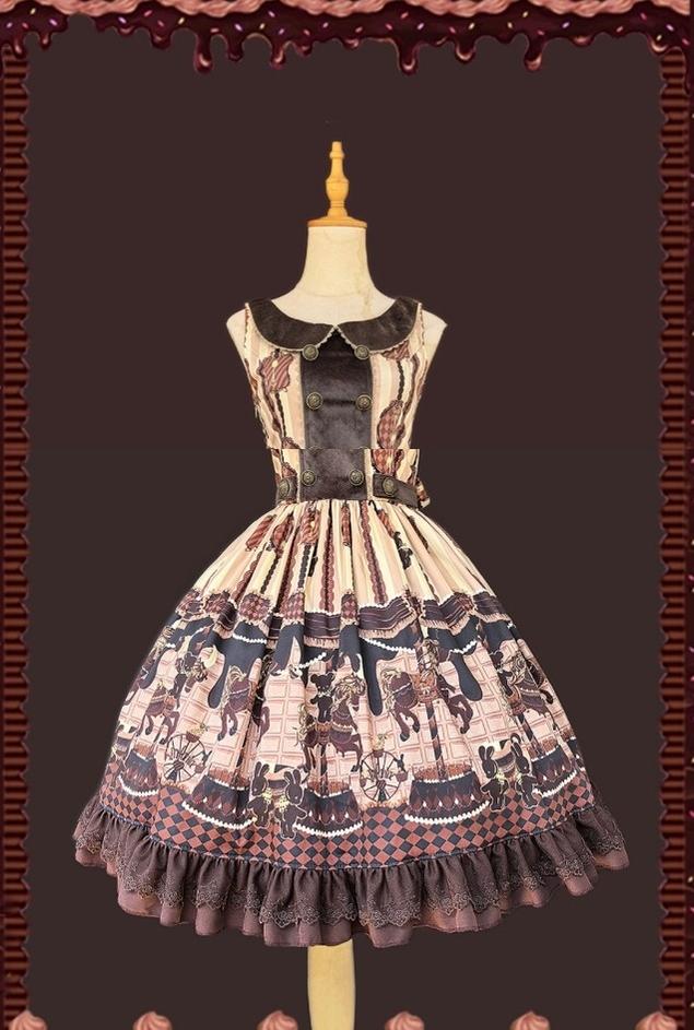 Chocolate Carousel - Peter Pan Collar Old School Lolita JSK Dress, Carousel Print and Accessories - image 7