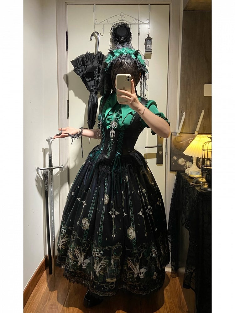 Green Rosette and Skull Print Gothic Corset JSK - image 12