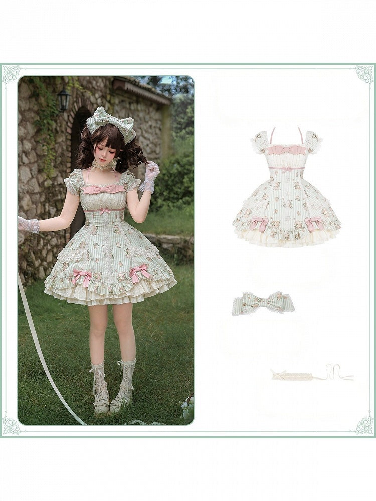 Green Floral Striped Lolita OP Set with Hair Clip and Choker - image 2