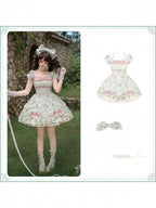 Green Floral Striped Lolita OP Set with Hair Clip and Choker - image 2