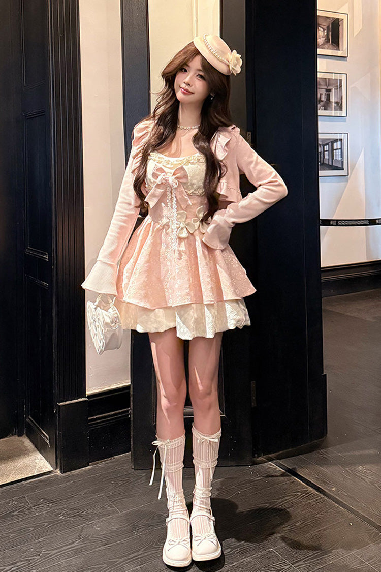 Honeyed Blossoms - Square Collar Long Sleeves Double-Layered Printed Ruffled Bow Sweet Lolita Dress and Cardigan Set - image 6