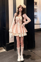 Honeyed Blossoms - Square Collar Long Sleeves Double-Layered Printed Ruffled Bow Sweet Lolita Dress and Cardigan Set - image 6