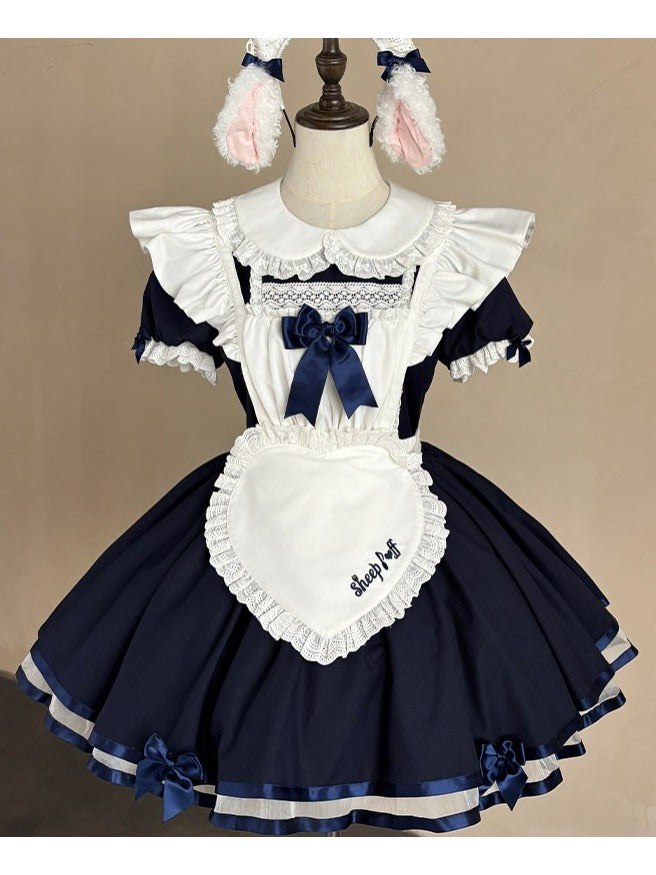Dark Blue Maid OP with Striped Lace Accents - image 1