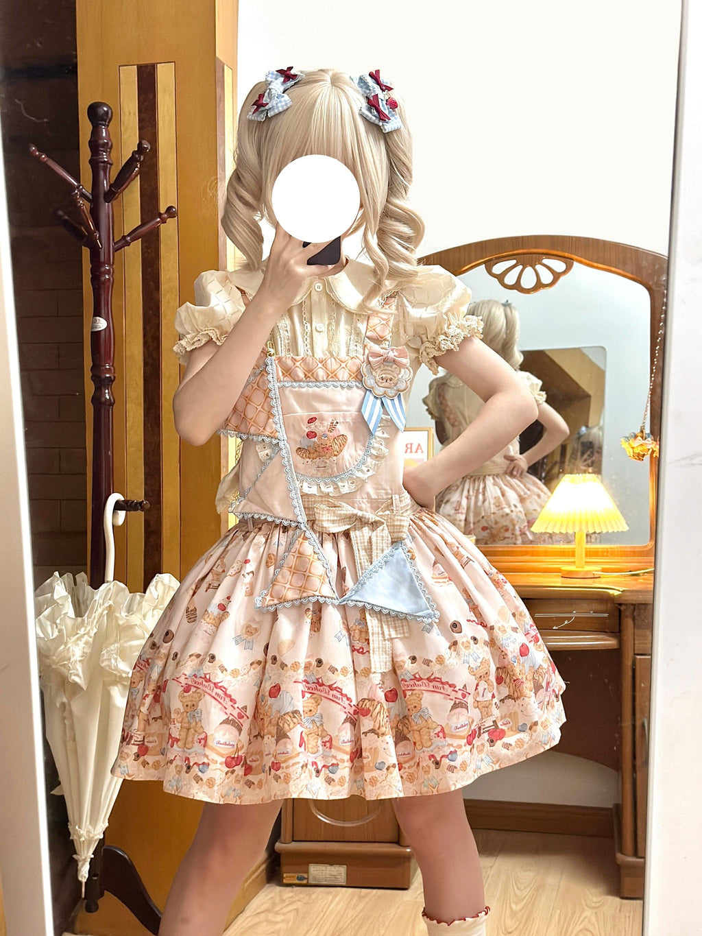 Little Bear Bonny - Kawaii Lolita Salopette, Bear & Dessert Print - image 5