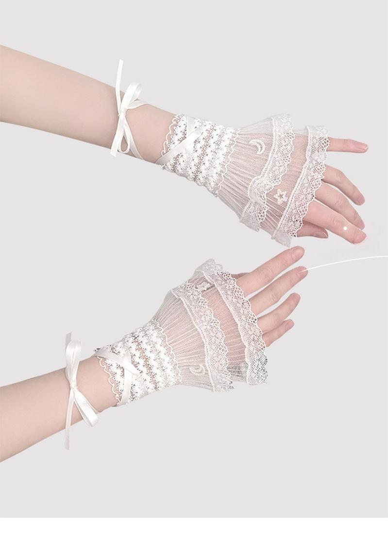 Star and Moon - Bridal Lolita Cuffs White and Black Ballet Style Lace Cuffs - image 2