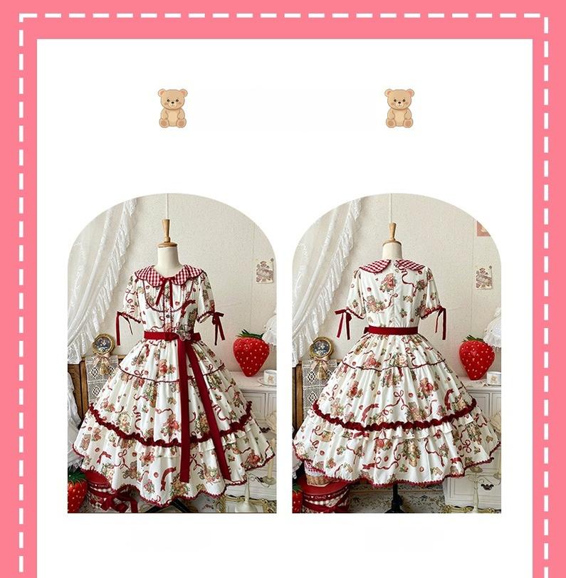 The Bear's Strawberry Field - Daily Lolita OP Dress With Petal Collar & Bear Strawberry Print and Accessories - image 20