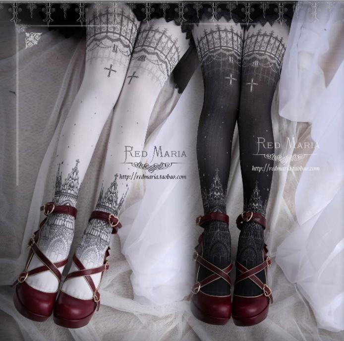 Snowy Night Church - Gothic Lolita Tights, Multicolors - image 2