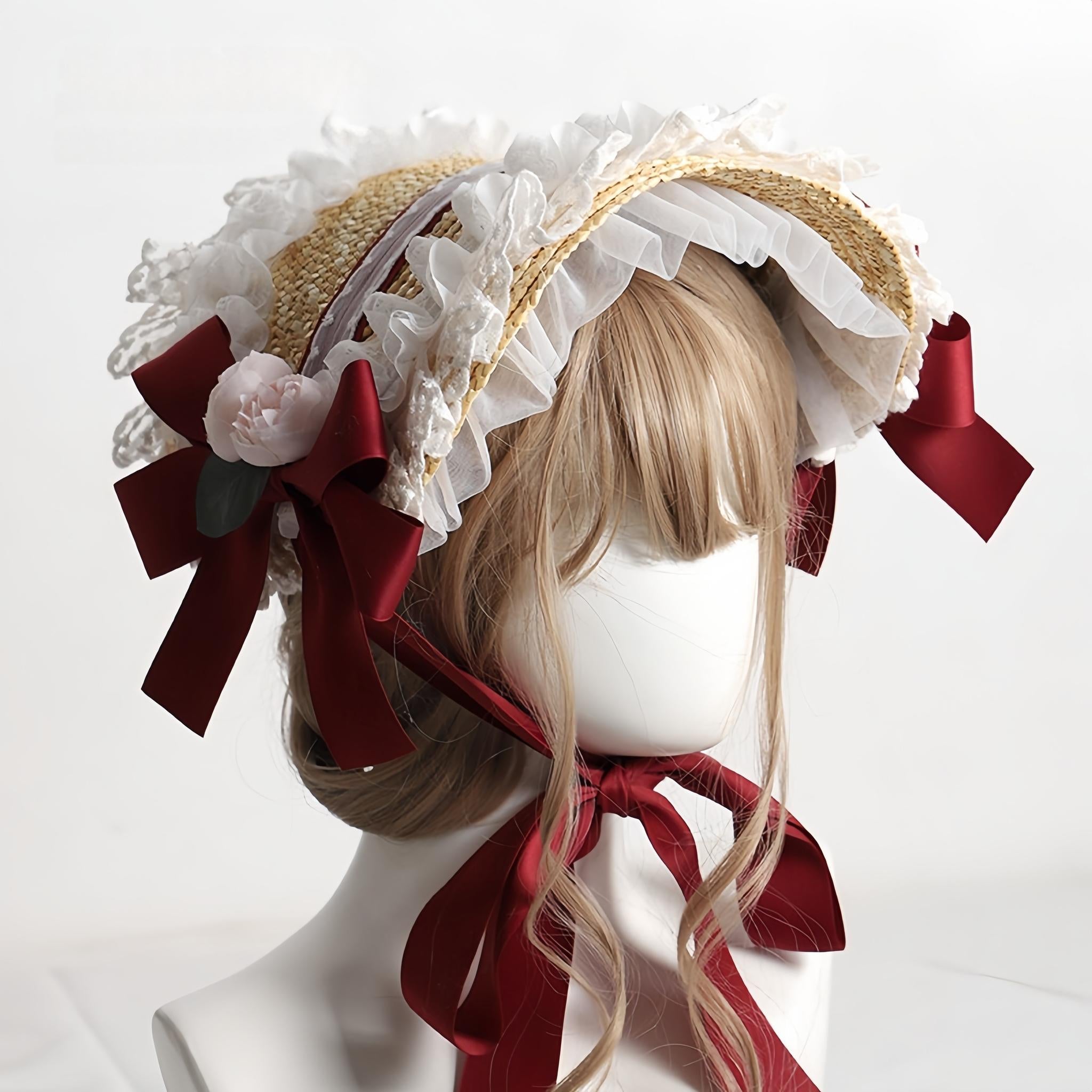 Country Straw BNT Lolita Headpiece with Ruffled Lace - image 2