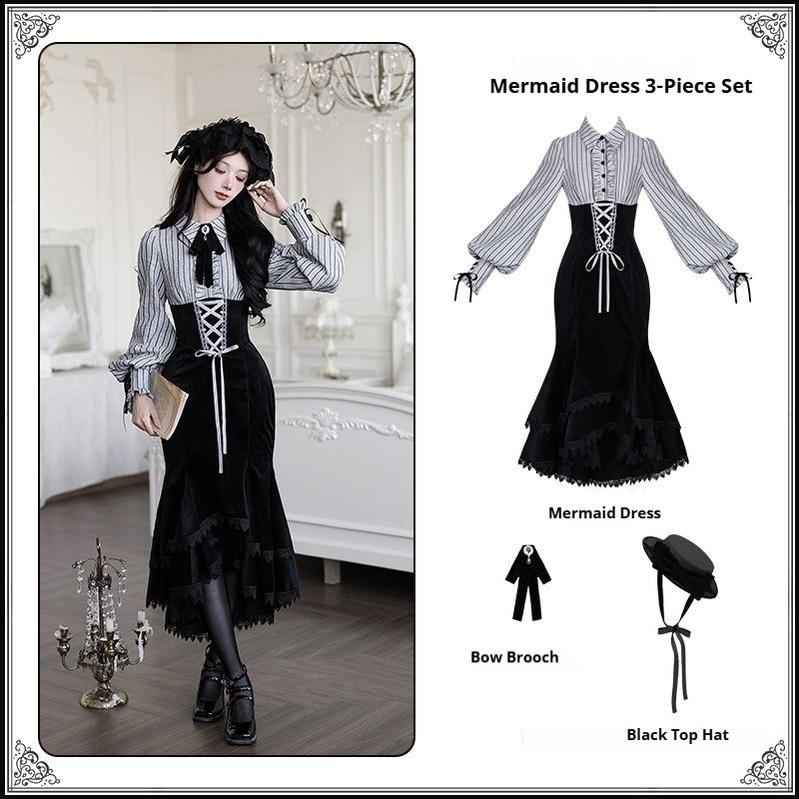 Dusk Moment - Classic Lolita Striped OP & Mermaid Dress Set, Fishbone Waist - image 22