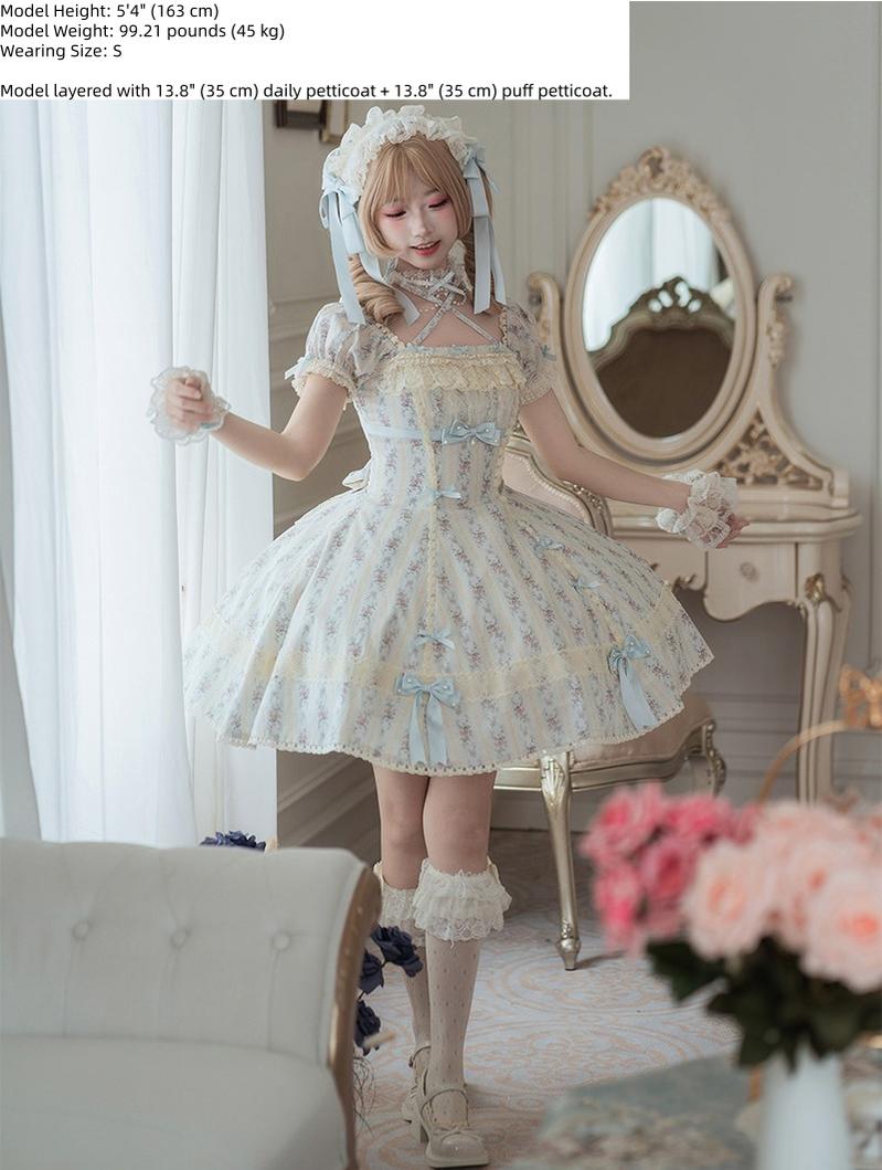 Garden Encounter of Three Springs - Cotton Old School Lolita Floral Print OP, Lace Back Opening and Accessories - image 6