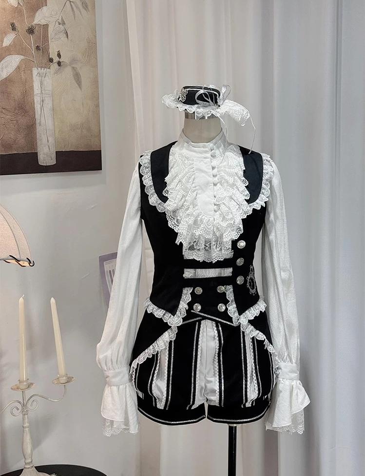 Crow Feather Ode - Ouji Lolita Cotton Linen Shirt and Clock Embroidery Vest Set - image 1