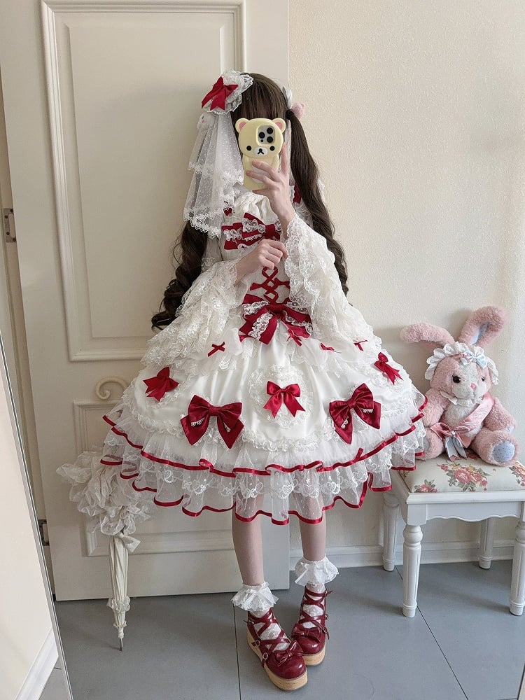 Sweet Princess Red and White Lolita JSK Dress, Veil and Bow Train Set - image 7
