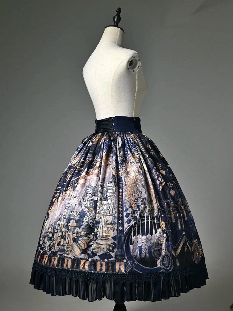 Dark Blue Chess-Print Corset-Waist Lolita Skirt - image 8
