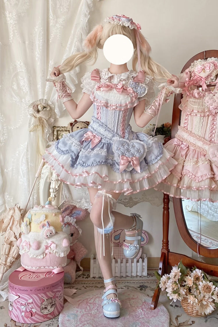Triple-Layered Ruffled Bow Lace-Up Slim Ballet Sweet Lolita Dress - image 1