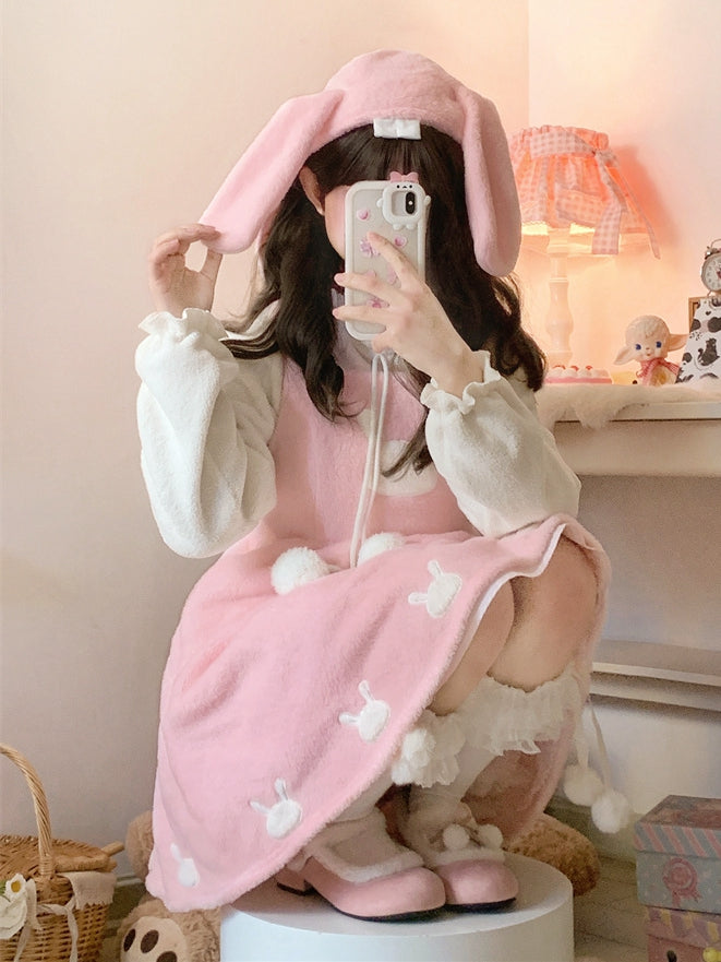 Pink Bunny Ears Hooded Plush Overalls Sweet Lolita Dress - image 6