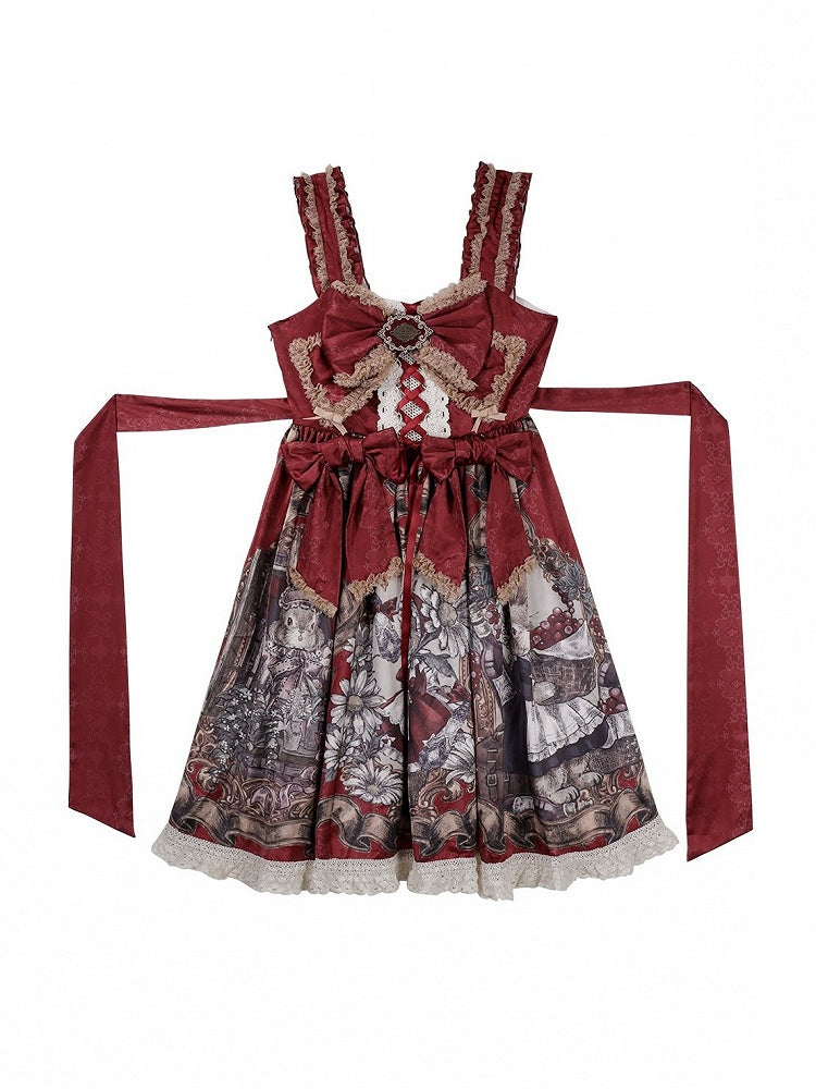 Wine and Beige Floral Lolita JSK Set with Puff-Sleeve Top and Arm Sleeves - image 7