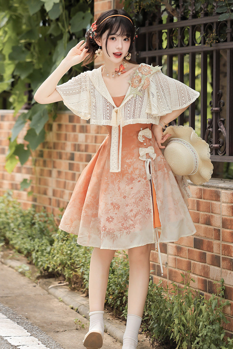 Orange Chrysanthemum Print Chinese-Inspired Lolita JSK Dress Set - image 2