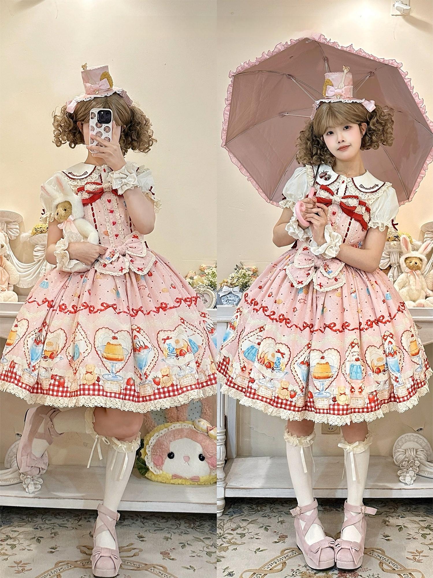 Showa Dessert Showcase - Kawaii Lolita JSK/Salopette Dress Suit, Pudding-Inspired - image 26