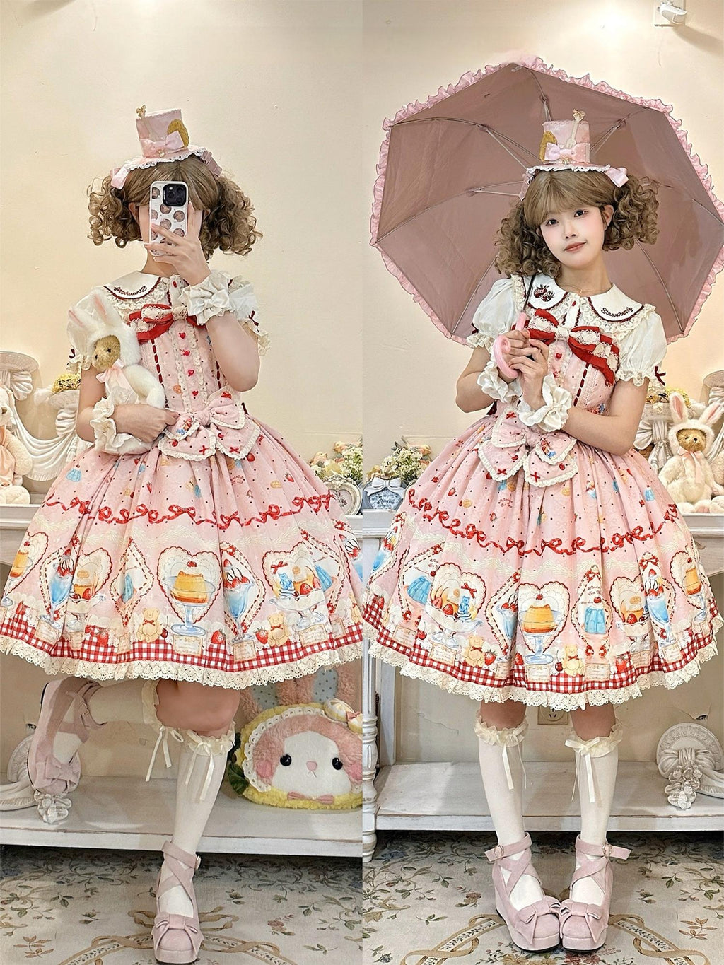 Showa Dessert Showcase - Kawaii Lolita JSK/Salopette Dress Suit, Pudding-Inspired - image 76