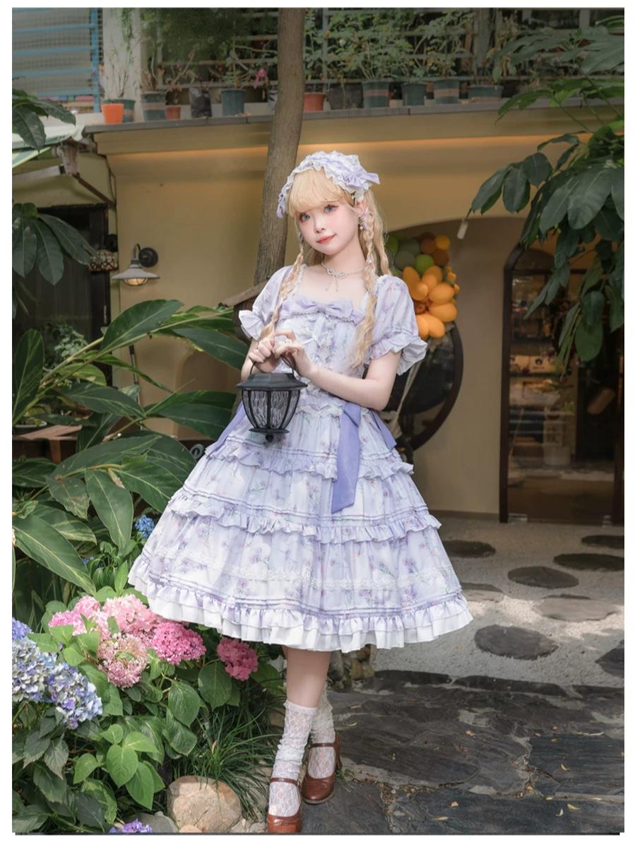 Purple Blossom Romance - Chiffon Classic Lolita OP Dress, Floral Print and Accessories - image 7