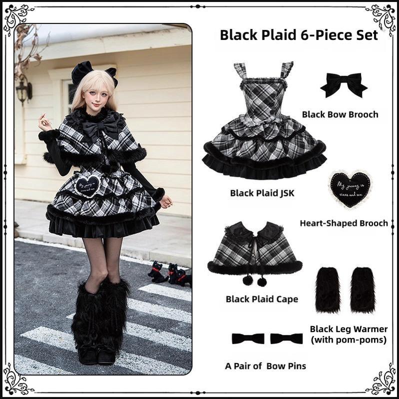 Snow Night Serenade - Fluffy Plaid Kawaii Lolita JSK, Reversible Cape and Accessories - image 30
