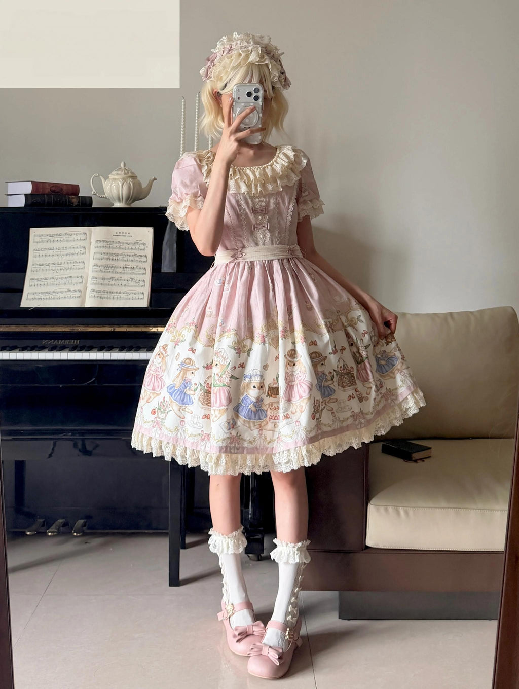Picnic Bunny - Cotton Daily Doll-like Lolita OP Dress, Bunny Print and Accessories - image 3
