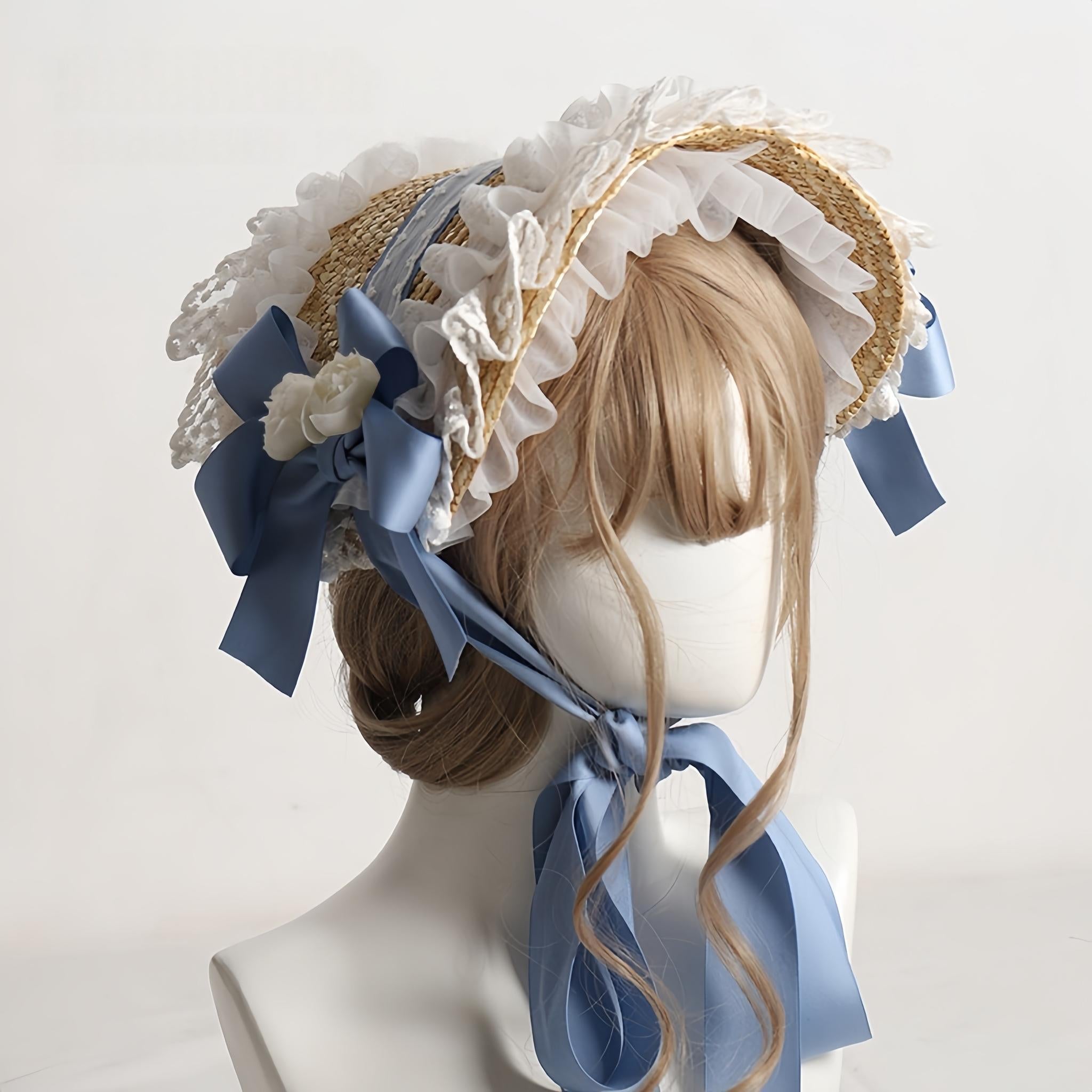 Country Straw BNT Lolita Headpiece with Ruffled Lace - image 3
