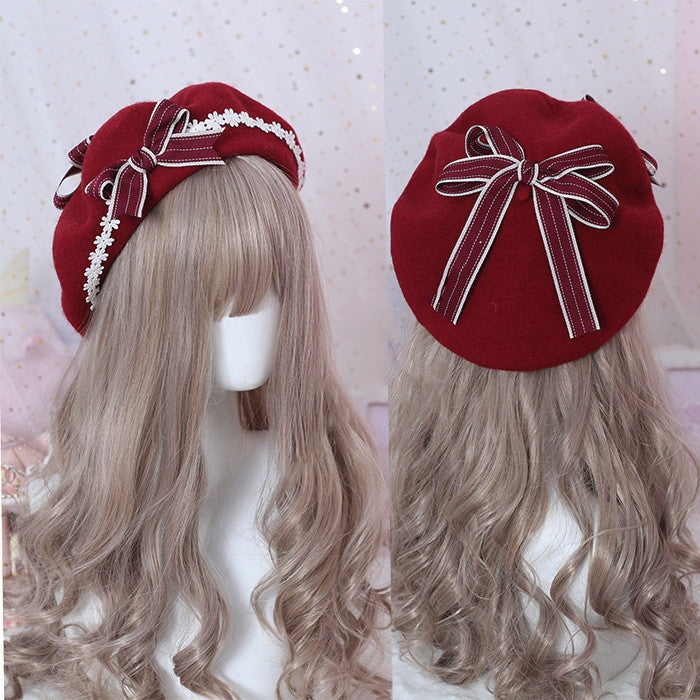Xiaogui - Sweet and Lovely Daisy Bowknot Woolen Beret - image 4
