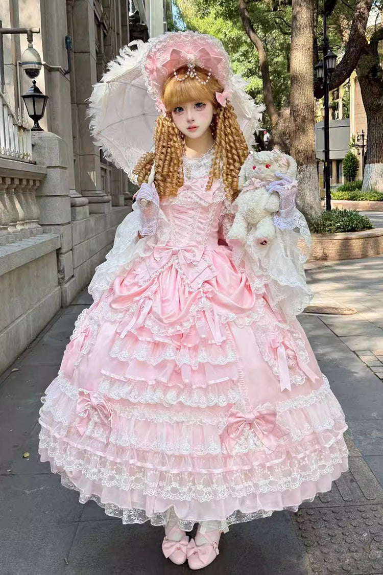Ode of the Curtain - Multi-Layered Ruffled Bride Open-Front Bow Lace Lace-Up Sweet Long Lolita JSK Dress - image 4