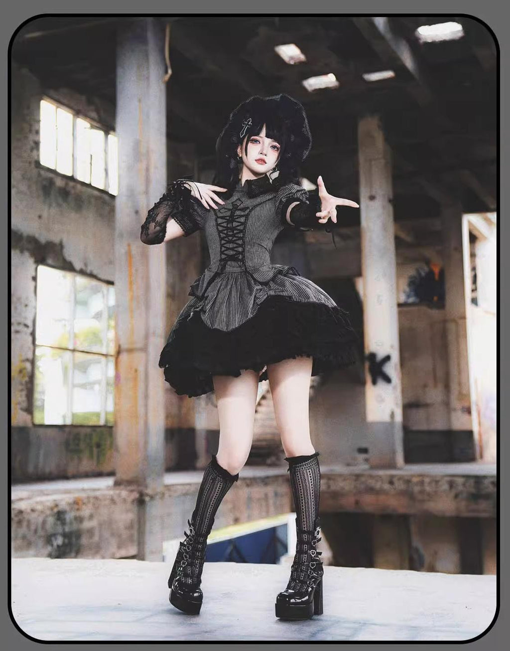 Striped Cross - Gothic Coordinated Lolita Set, Adjustable Blouse & Skirt - image 5