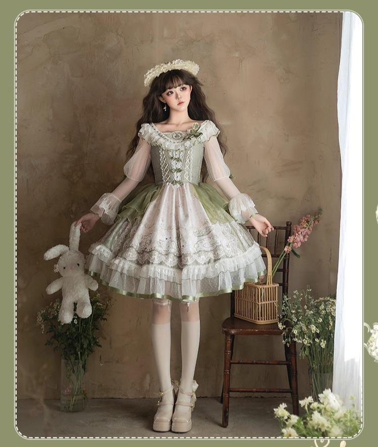 Teacup Bunny - Classic Lolita OP Dress, Fresh Green Floral Print and Accessories - image 2