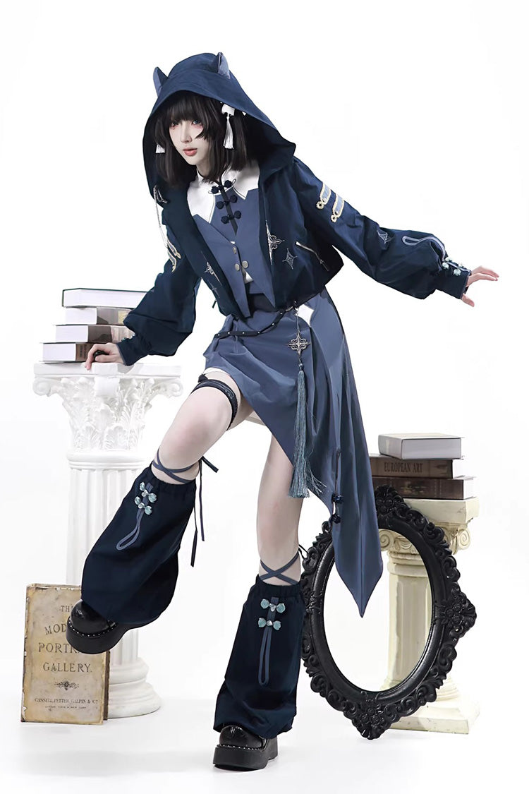 Indigo Shadow Journey - Stand Collar Long Sleeves Embroidered Hooded Asymmetric Punk Ouji Lolita Dress Four-Piece Set - image 4