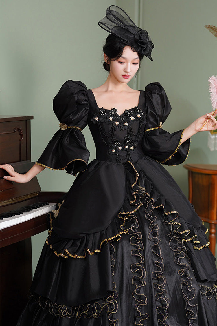Black Gothic Victorian Lolita OP Dress with Trumpet Sleeves - image 5