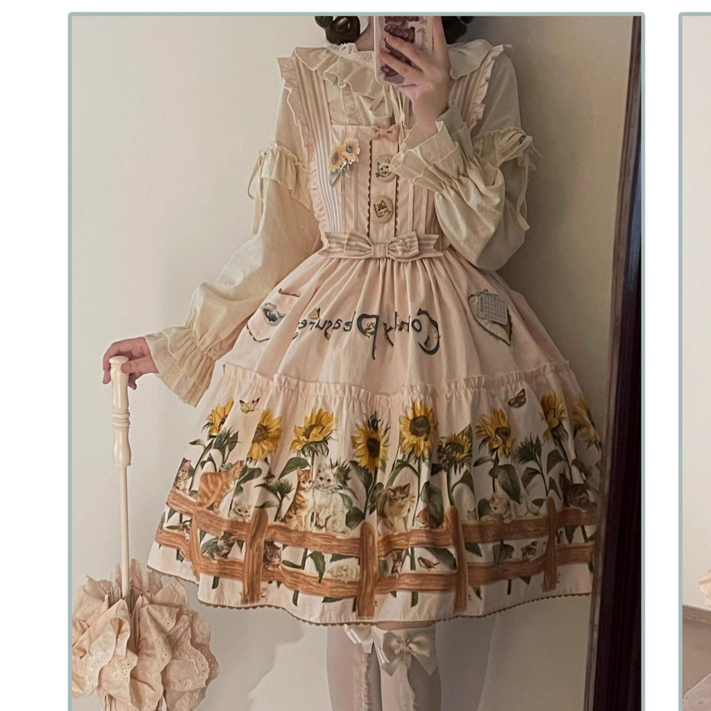 Cat and Sunflower - Sweet Lolita JSK, Cat and Sunflower Print - image 26