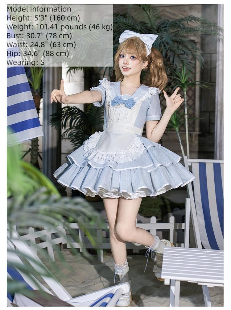 Seven-Day Bell - Blue Classic Lolita Striped OP Dress, Sailor Collar - image 8