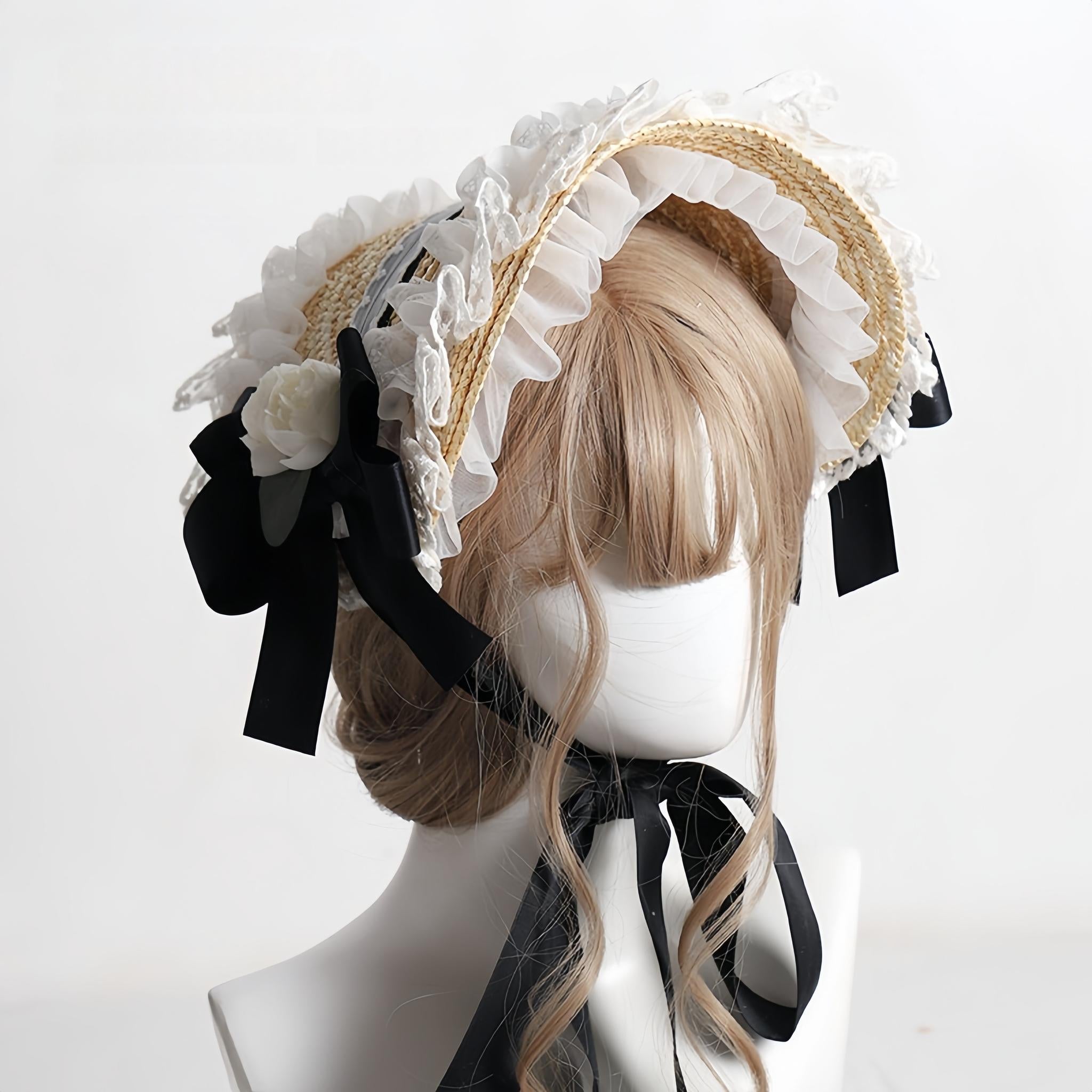 Country Straw BNT Lolita Headpiece with Ruffled Lace - image 7