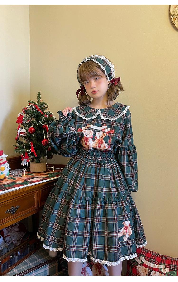Christmas Vintage Lolita Skirts Doll Collar Blouse Plaid Skirt Set - image 24