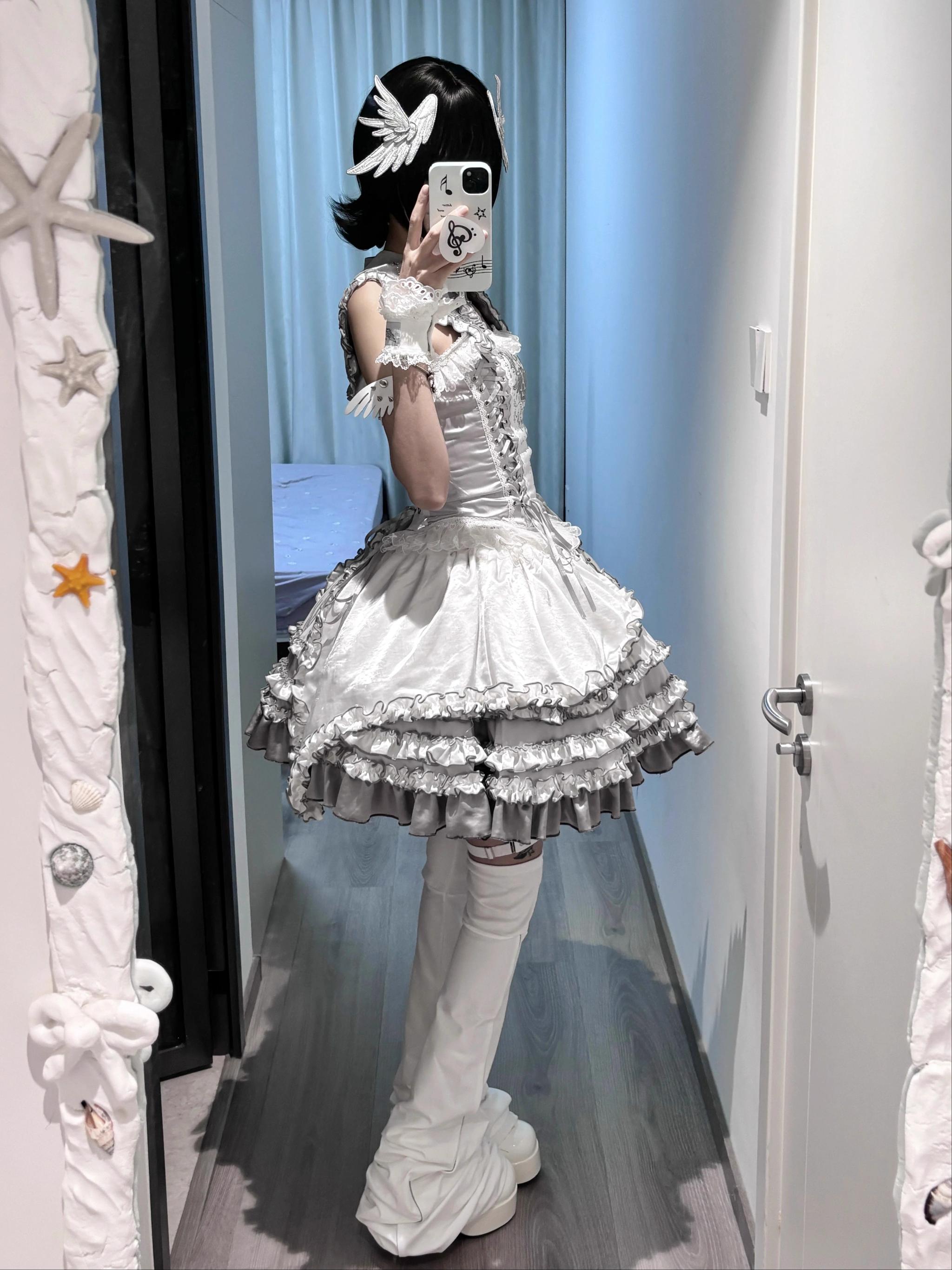 Metallic Angel - Silver-white Punk Lolita JSK, Wing and Rhinestone Details - image 10