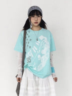 Mint Green Crew Neck Tee with Distressed Print - innomoood - image 1